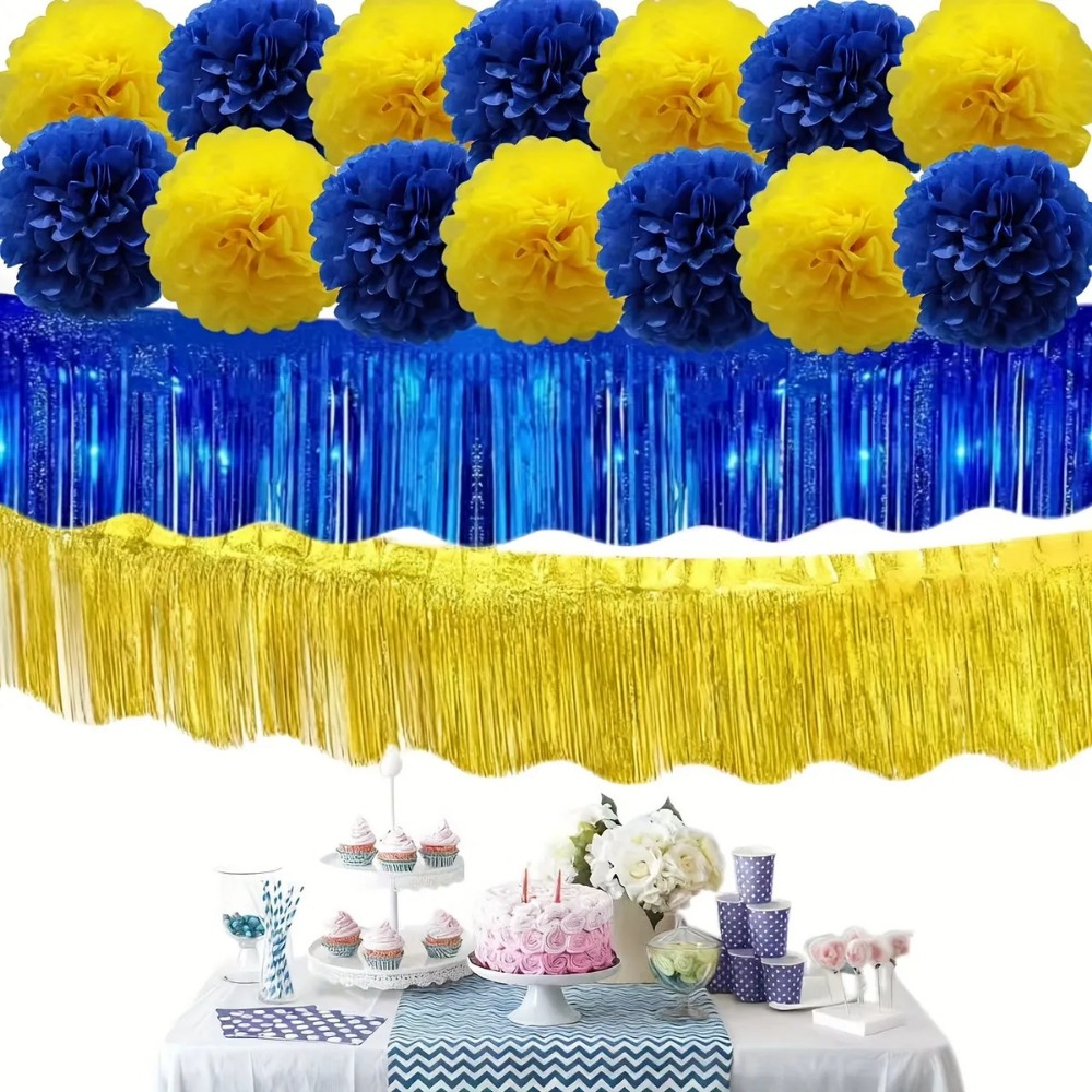Party Banner Gold - 16Pcs Blue Gold Tissue Pom Poms