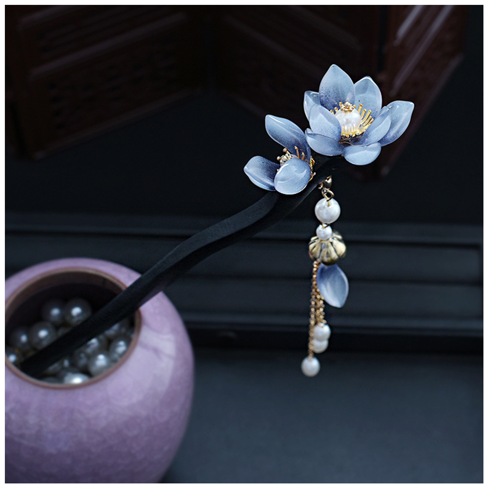 Event Suppliers - Blue Flower Hair Stick Vintage Pearl